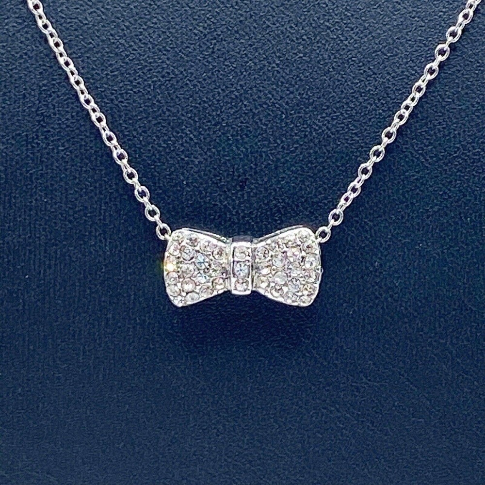 New York & Company Silver Tone Pave Rhinestone Bow Pendant Necklace Adorable 18" - Picture 2 of 6